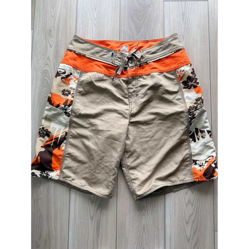 Vintage Quiksilver Board Shorts Mens 36 Tan Orange Tropical Floral Surf Trunks